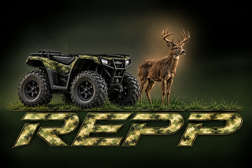 REPP brand artwork: a camouflaged quad bike beside a deer, over the REPP wordmark